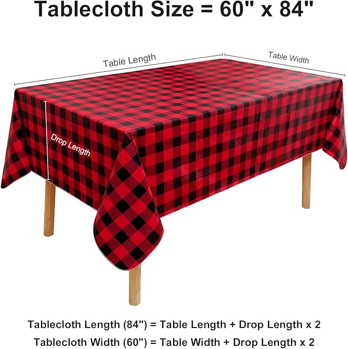 misaya Rectangle Christmas Waterproof Vinyl Table Cloth, Buffalo Flannel Backed Tablecloth, Wipeable Plastic Table Cover for Dinner, Kitchen, Picnic (60" x 84", Red and Black)
