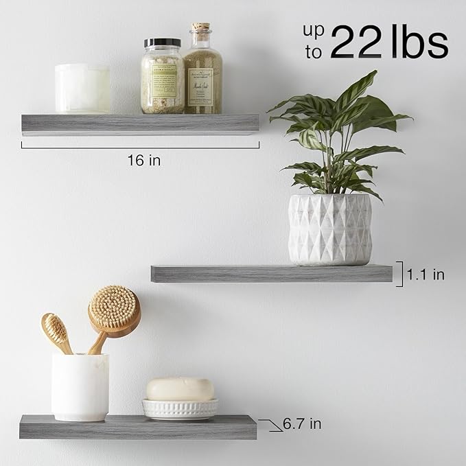BAYKA Grey Floating Shelves for Wall, Wall Mounted Rustic Wood Shelves for Bathroom, Bedroom, Living Room, Kitchen,Small Hanging Shelf for Books/Storage/Room Decor (Set of 3, 15.7in)
