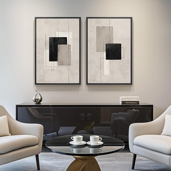 Large Framed Neutral Abstract Wall Art Set of 2, Black Beige Modern Canvas Prints Paintings Artwork for Walls, Minimalist Block Lines Pictures for Living Room Dining Room Bedroom Wall Decor 20x30 In