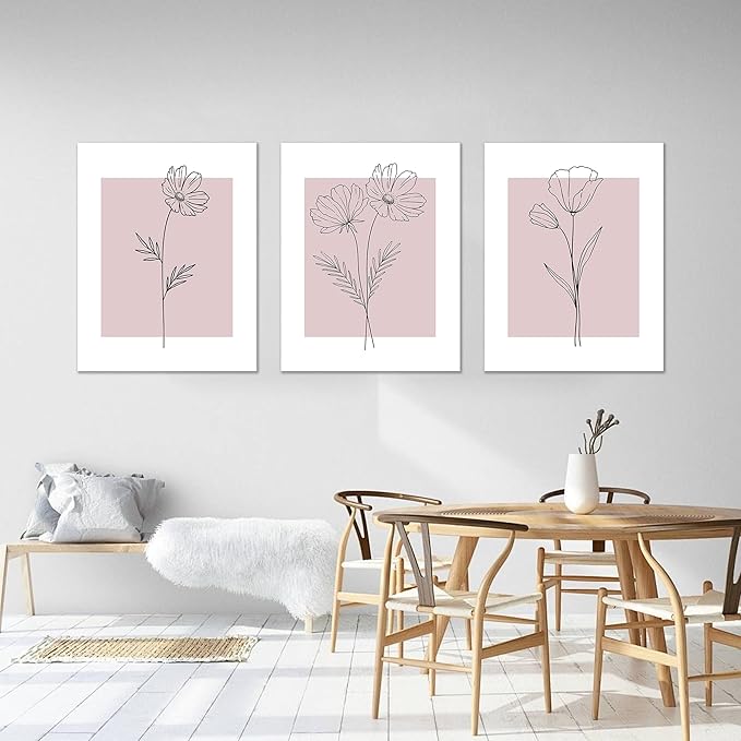 WRFON Unframed Pink Line Flower Canvas Wall Art, Light Pink Botanical Aesthetic Pictures, Minimalist Black Line Floral Poster Prints, Abstract Plants Wall Decor for Girls' Room Apartment 12"x16"x3