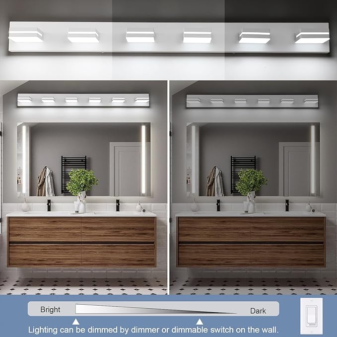 SineRise LED Modern Bathroom Vanity Light Fixtures (6-Light, 48-Inch, Dimmable), Matte White Modern Acrylic Bathroom Wall Lighting Fixtures Over Mirror (Cool White 6000K)