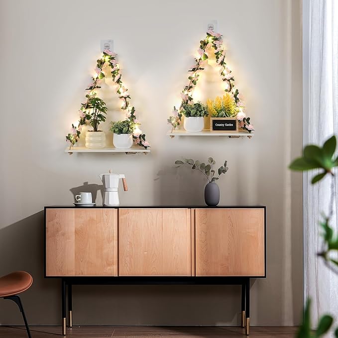 Floating Shelves for Wall No Drilling,Wall Dcorations Art,Hanging Shelf,Leaves and Light Strip with Flower,Set of 2 Plant Decor for Home House Livingroom Bedroom Officer,Boho Decor,Gifts for Woman