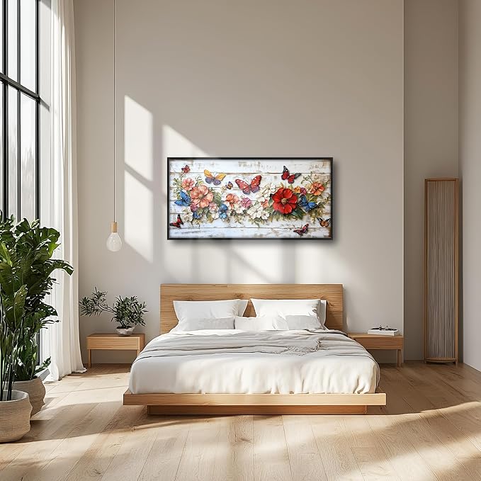 Olivine Flower Large Wall Art, Butterfly Pictures Wall Decor, Boho Painting, Rustic Wood Grain Canvas Prints, Framed Artwork for Dining Room Living Room Bedroom Bathroom Office Home Decor 60"x30"