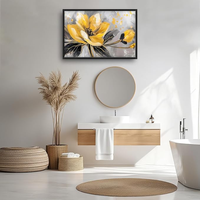 Framed Large Wall Art for Living Room, Yellow Floral Canvas Wall Decor, Gold Flower Pictures Painting, Natural Landscape Artwork for Living Room Bedroom Office 36L'' × 24W''