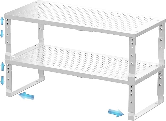 Expandable Spice Rack & Kitchen Cabinet Organizer - Stackable, Adjustable Shelves for Cabinets, Countertops, Cupboards & Pantries(2 Packs/Large/White)