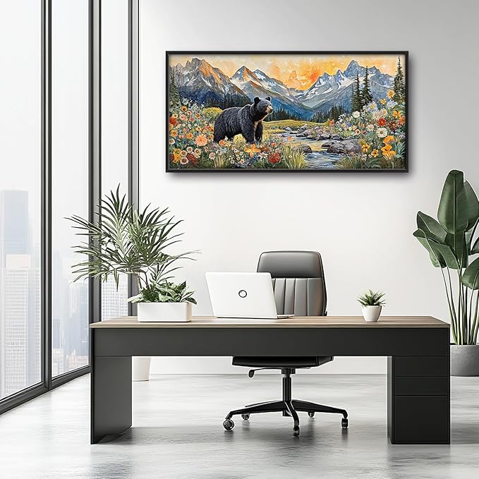 Extra Large Framed Abstract Black Bear Mountain Wall Art,Colorful Wildflower Forest Landscape Wall Decor Pictures for Living Room,Canvas Print Painting Modern Artwork Bedroom Office Bathroom 60L x30W