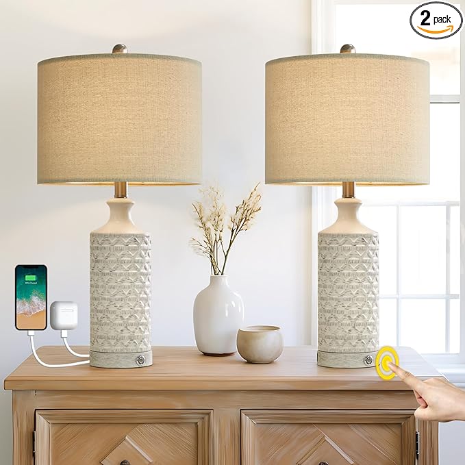 PoKat 24" Modern Contemporary Ceramic Lamp Set of 2 for Living Room White Desk Decor Lamps for Bedroom Farmhouse Bedside Nightstand End Table Lamps, White