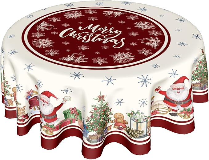 Christmas 60 Inch Round Tablecloth Merry Christmas Trees Round Table Cloth Xmas Santa Decorative Table Cloth Christmas Snowflakes Dining Table Cover for Winter Holiday Farmhouse Party Picnic Decor