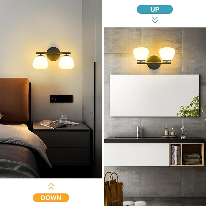 Modern 2 Light Bathroom Vanity Light Black Vanity Light Bathroom Light Fixtures Over Mirror with Milk Glass Shade Bathroom Wall Sconce