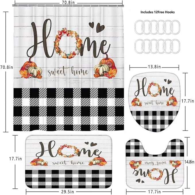 FZDHHY 4PCS Fall Bathroom Set Pumpkin Shower Curtain Set Thanksgiving Bathroom Decor Set Autumn Shower Curtains for Bathroom with 12 Hooks 72x72 inch