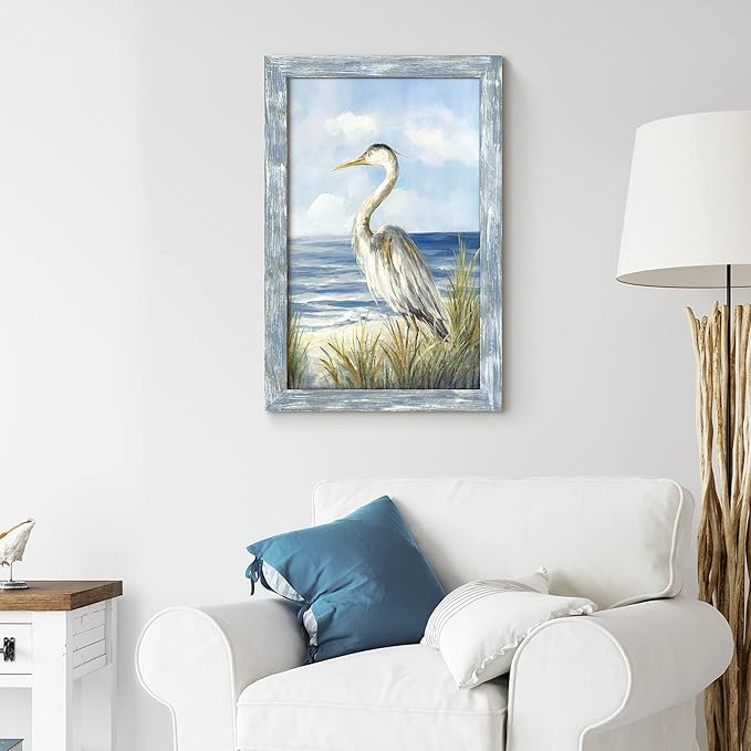 Coastal Sea Bird Wall Art: Framed Blue Ocean Scene Picture Heron on Beach Wooden Painting Artwork Modern Bedroom Bathroom Living Room Wall Decoration Home Office Decor 24”x16”