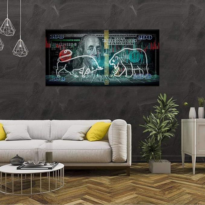 Large Size Stock Market Bull VS Bear Artwork Paintings Motivational 100 Dollar Money Benjamin Franklin Canvas Wall Art Stretched and Framed Ready to Hang-48x24 inches