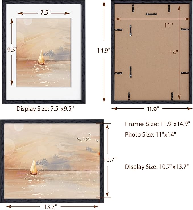 Black Picture Frames 11x14 Set of 3, Light Wood 11 x 14 Frames for Wall, Solid Oak Wood Frame 11 by 14 with Tempered Glass, 11x14 Frame with Mat for 8x10, Black 11x14 Poster Frames