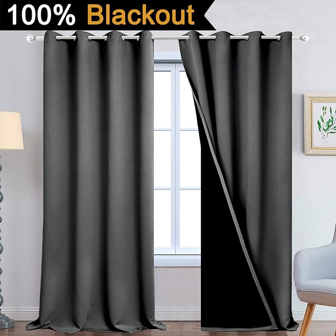 Yakamok 100% Blackout Lined Panels, Thermal Insulated Blackout Curtains for Bedroom, Heat Blocking Drapes for Living Room(52Wx108L, Dark Grey, 2 Panels)