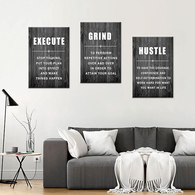 Motivational Wall Art Execute Grind Hustle Inspirational Poster 3 Pieces Canvas Prints Artwork for Living Room Modern Home Decor Painting Pictures Stretched and Framed Ready to Hang [48''Wx 24''H]