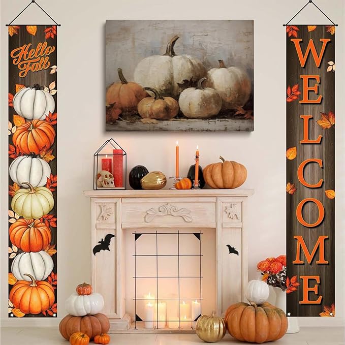 Framed Fall Wall Decor Pumpkin Still Life Canvas Paint posters Rustic Fall Art Vintage Autumn Wall Print Halloween Autumn Decor Thanksgiving 16x24 framed