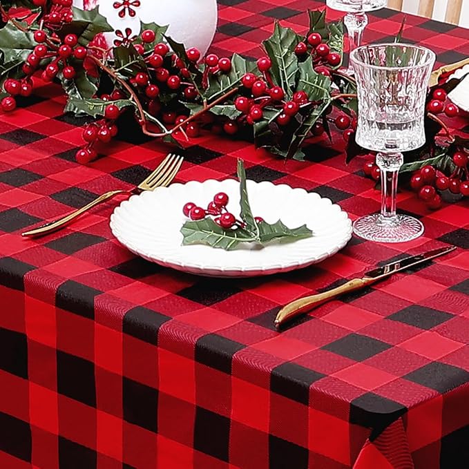 misaya Rectangle Christmas Waterproof Vinyl Table Cloth, Buffalo Flannel Backed Tablecloth, Wipeable Plastic Table Cover for Dinner, Kitchen, Picnic (60" x 84", Red and Black)