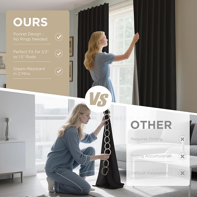 Joydeco Blackout Curtains for Bedroom - 100% Light Blocking 2 Panels Set Black Drapes 37" W x 108" L, Thermal Insulated Room Darkening Curtains, Linen Textured for Living Room, Rod Pocket & Back Tabs