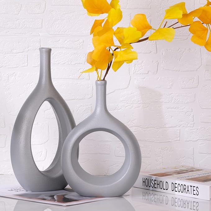 Gray Ceramic Hollow Elliptical Vase Set of 2 - Boho Circle Vase with Hole, for Modern Grey Table Decor, Living Room Decor Shelf mid Century Modern Home Entrance Decorative vase