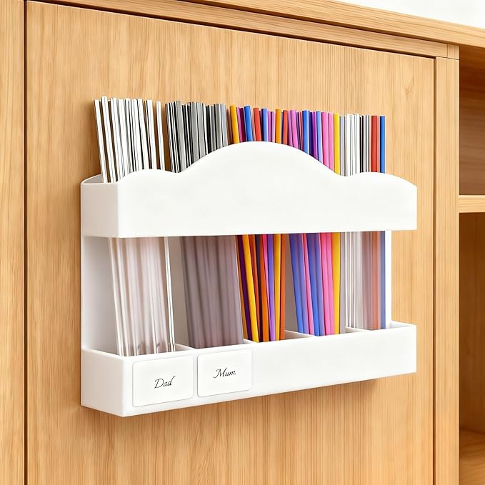 9.8" Acrylic Straw Holder for Cabinet Door - 5-Compartment Organizer with Ultra-Sticky Adhesive, Storage for Reusable Straws and Brushes, Kitchen & RV Essensials