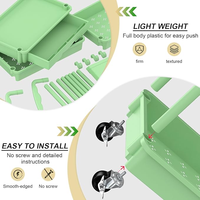 Goovilla 3 Tier Rolling Utility Cart Organizer with Removable Drawer, Stable and Sturdy Green Rolling Storage Carts with 2 Lockable Wheels for Bathroom, Kitchen, Snack, Craft, Makeup, Baby Essentials