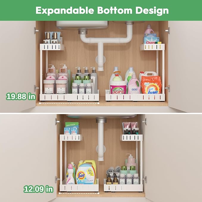 REALINN Under Sink Organizer, 2 Tier Expandable Under Cabinet Organizer, Heights Adjustable Pull Out Storage for Kitchen Bathroom Laundry, White, 1 Pack