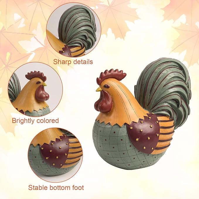 Chicken Statue, 8.3×7.8 Inch Resin Fall Harvest Rooster Figurine Table Top Centerpiece Decorations for Home Kitchen Counter, Thanksgiving Indoor Tabletop Mantel Desk Farmhouse Decor