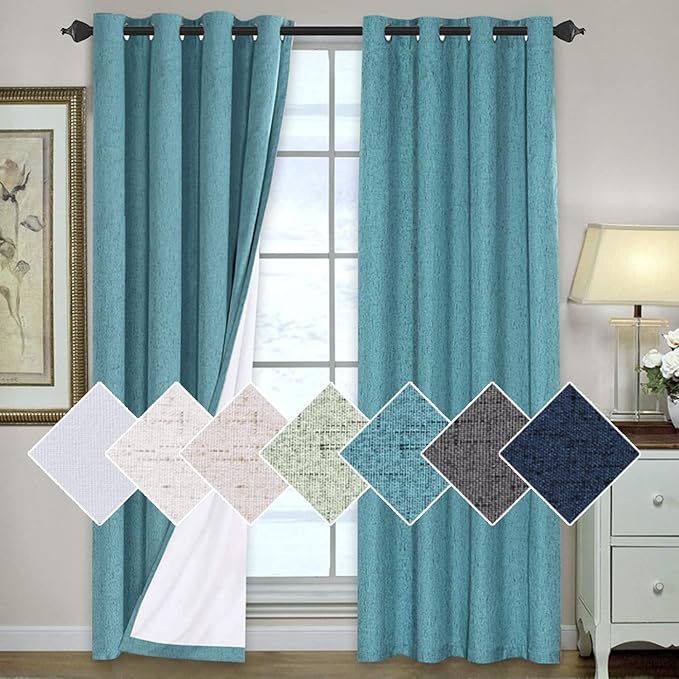 H.VERSAILTEX 100% Blackout Curtains for Bedroom 84 Inches Long Grommet Linen Face Full Light Blocking Curtain Drapes for Living Room Thermal Insulated Linen Look Curtains 2 Panels Set, Teal Blue