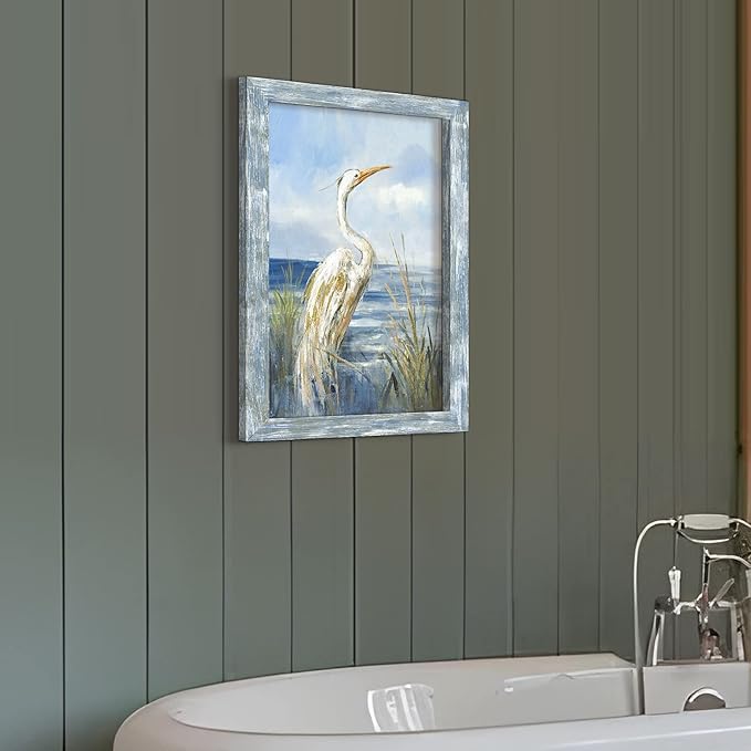 Framed Sea Bird Wall Art: Wooden Blue Coastal Ocean Scene Picture Heron on Beach Painting Artwork Modern Bedroom Bathroom Living Room Wall Decoration Home Office Decor 24”x16”
