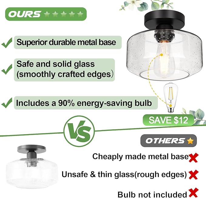 Industrial Semi Flush Mount Ceiling Light, 800 Lumen LED Bulb Included, Seeded Glass Shade Farmhouse Light Fixture for Hallway Corridor Kitchen Bathroom Bedroom Passway