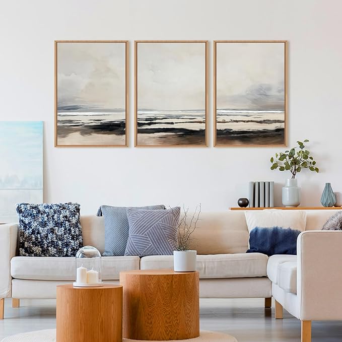 HOURIA Large Neutral Abstract Gray Framed Wall Art Set,Minimalist Modern Beige Brown Landscape Wall Decor,Wilderness Filed Artwork,Watercolor Misty Lake Print for Living Room,Bedroom,Office- 16"x24"x3