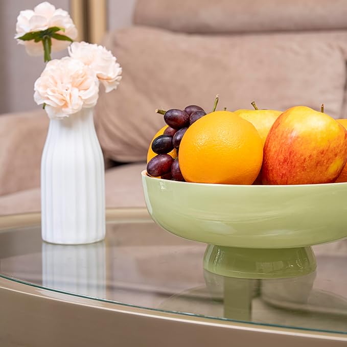 PEMAR 10" Lacquer Bamboo Fruit Bowl for Kitchen Counter, Handmade Large Decorative Pedestal Bowl for Entryway Table Home Decor, Key Bread Candy Snacks Organizer (Matcha Latte)