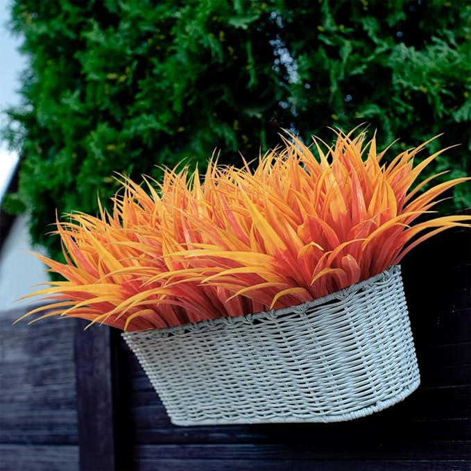 8 pcs Fall Artificial Flowers for Decoration, Fake Artificial Tall Grass Plants for Outdoors, Orange Faux Tropical Greenery Autumn Front Porch Patio Garden Outside Plastic Shrubs Bushes