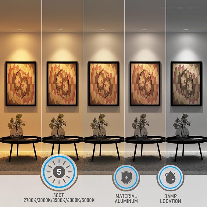 TORCHSTAR 12-Pack 5CCT 3 Inch Ultra-Thin LED Recessed Lighting with Junction Box, CRI90, Aluminum, 2700K3000K3500K4000K5000K, 5%-100% Dimmable Slim Recessed Downlight, 6W 450LM, ETL & ES