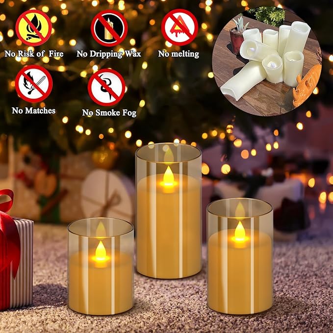 Flameless Candles 4" 5" 6" Acrylic Glass Pillars 3" Diameter Battery Operated Flickering Candles Include Remote with 24Hour Timer Function 400+ Hours by 2 AA Batteries (Amber, Warm Light 9 Pack)