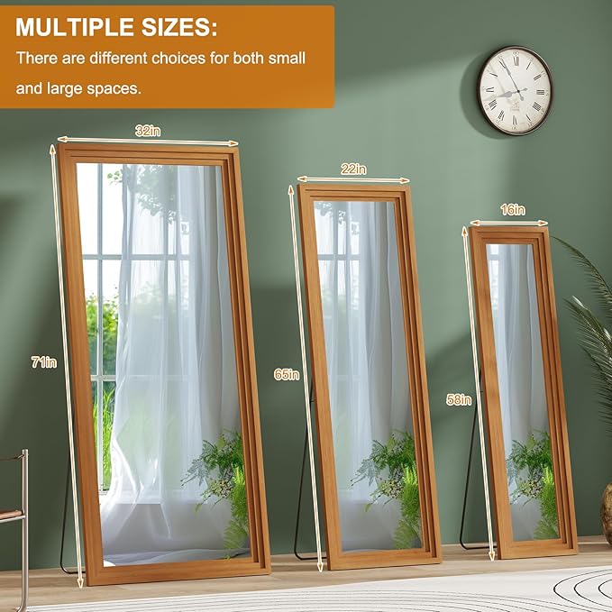 Full Length Mirror,71x32 Inch Full Length Mirror Wall Mounted,Vertical Hanging,Leaning Standing for Bedroom,Living Room,Rectangular Wooden Frame,Walnut Color.