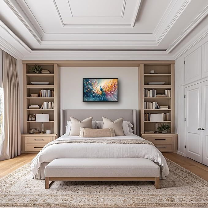 Flintis Large Colorful Peacock Framed Wall Art Peacock Feathers Pictures Wall Decor Abstract Animal Canvas Painting Print Artworks Decor Framed for Living Room Bathroom Master Bedroom 36L X 24W