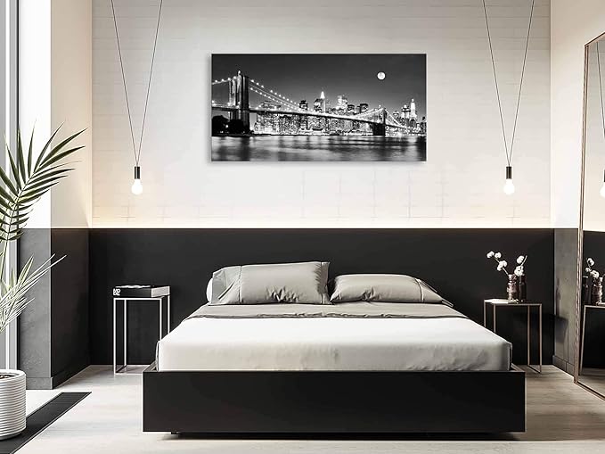 Baisuart-Q30362 Brooklyn Bridge Night View 1 Panels Landscape Artwork Canvas Prints Moon Night New York City Scene Picture Paintings Black and white Wall Art for Oiffce Home Decorations Wall Decor