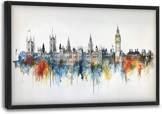 Flintis Large London Framed Wall Art Big Ben Pictures Wall Decor Abstract City Landscape Watercolor Canvas Painting Print Artworks Decor Framed for Living Room Bathroom Master Bedroom 36L X 24W