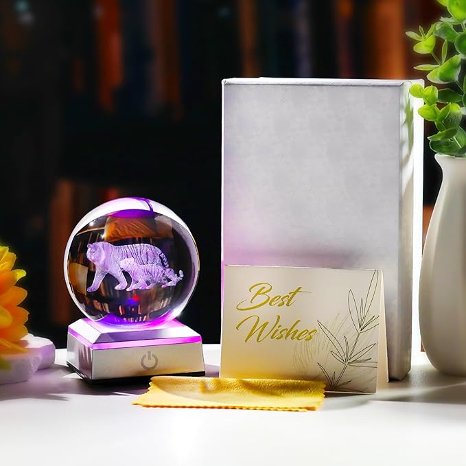 Ornalrist 3D Tiger's Crystal Ball with LED Light Base 3.15in - Tiger Gifts for Women, Mom on Mother's Day from Son, Daughter - 3D Crystal Ball Lamp Engraved Tiger Mother & Child Figurine Home Decor