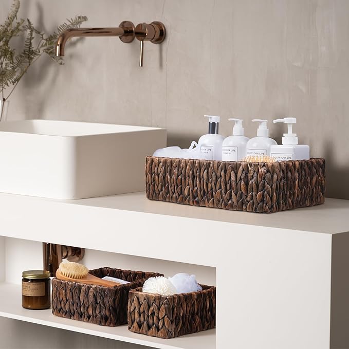 FairyHaus Wicker Baskets for Organizing 3Pack, Large and Small Wicker Storage Baskets Set, Hand Woven Baskets for Storage, Brown Water Hyacinth Storage Baskets for Pantry Shelf