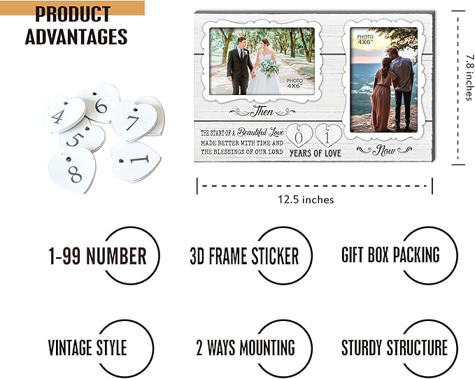 White Farmhouse Wife and Husband 2 Slot Picture Frame Holds 4X6 Inches Photos,1-99 Years of Love Anniversary Wedding Marriage Blessing Gifts for Couples