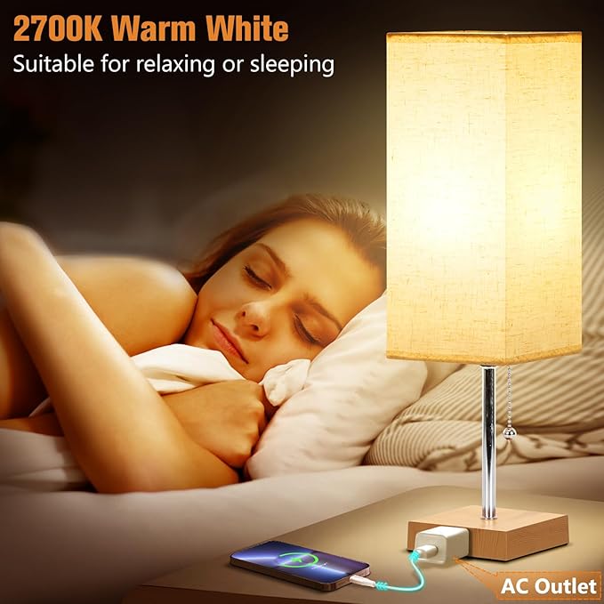 Table Lamp for Bedroom Set of 2, Bedside Lamps with 3 Color Temperatures Night Light, Lamp for Night Stands with AC Outlet and Square Shade, Pull Chain Small Desk Lamp for Living Room Home Decor
