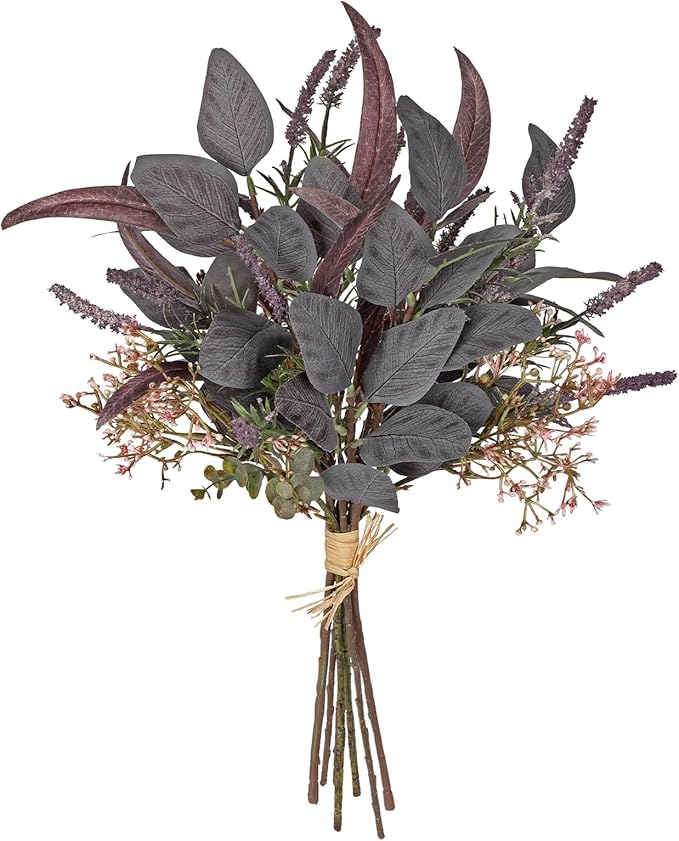 Fall Artificial Eucalyptus Bouquet with Purple Sage Leaves – Autumn Faux Greenery Bush with Raffia Wrap for Farmhouse, Kitchen, Table, and Seasonal Home Décor