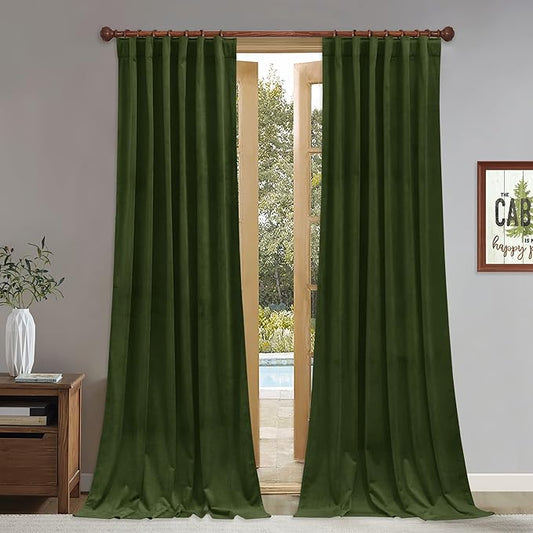 StangH Moss Green Velvet Drapes for Bedroom, 96 inches Long Living Room Soundproof Curtains Back Tab Light Blocking Drapes for Nursery Kids Dining Room, W52 x L96, 2 Panels