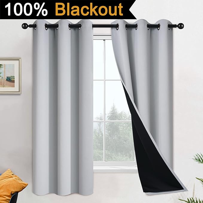 Yakamok 100% Blackout Curtains for Bedroom 63 Inch Length, 2 Thick Layers Thermal Insulated Grommet Total Blackout Drapes with Black Liner for Living Room (42Wx63L,Light Grey, 2 Panels)