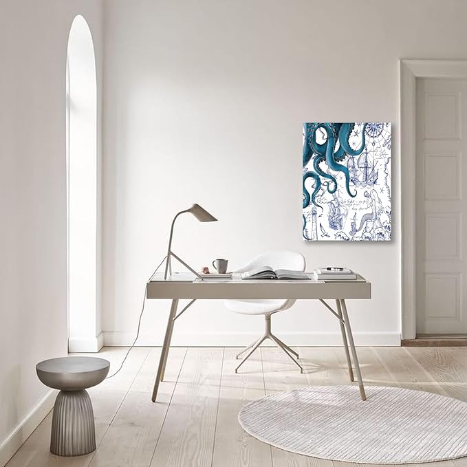 Nautical Ocean Wall Art, Coastal Canvas Print with Octopus and Ships, Blue Marine Life Artwork Decor for Bathroom, Coastal Bedroom, Living Room or Beach House 12 x 16 inches