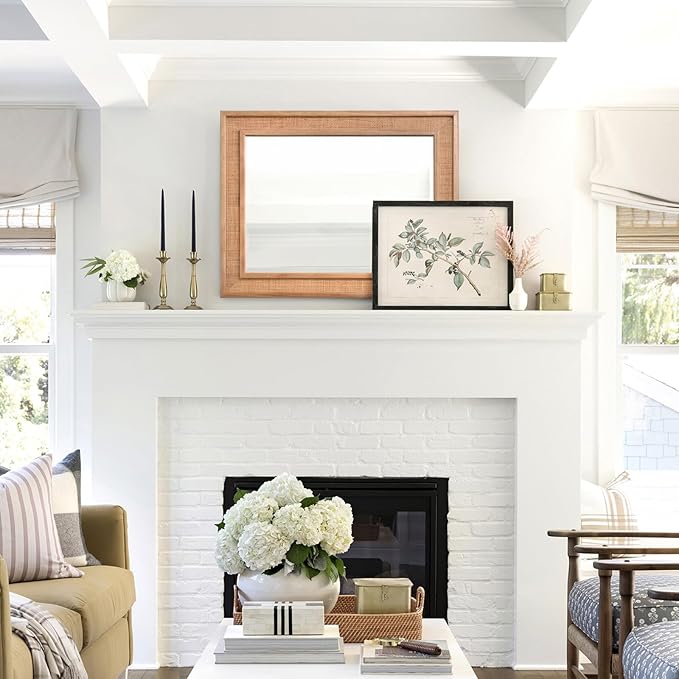 Rattan Wall Mounted Mirror 24"x32" Wood Framed Farmhouse Hanging Bathroom Mirror Decorative Rectangle Wall Mirror Leaning Against for Bedroom Living Room