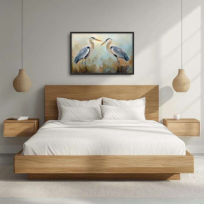 Blue Heron Framed Wall Art for Living Room, Large Birds Canvas Wall Decor, Animal Pictures Painting, Modern Artwork for Bathroom Bedroom 36L'' × 24W''