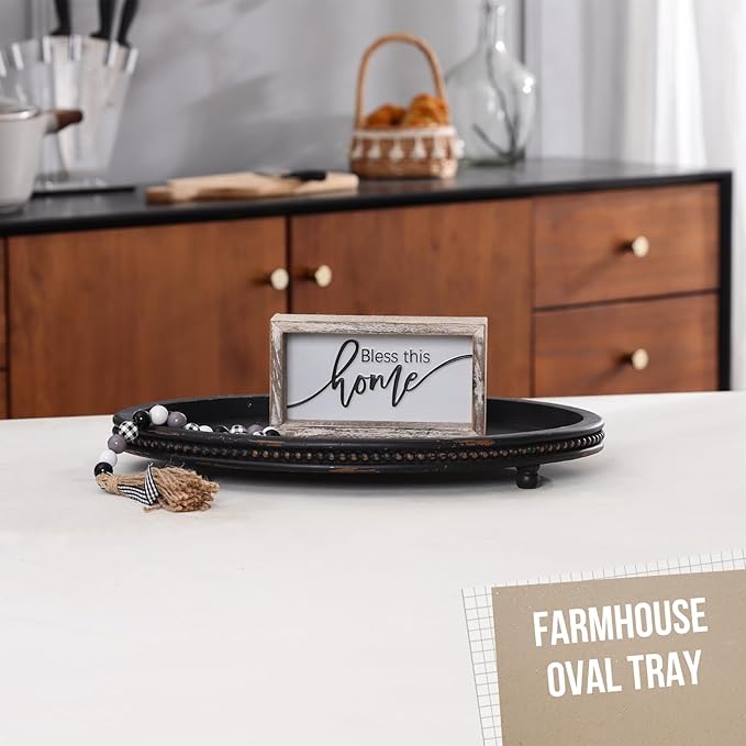 Oval Trays, Wooden Decorative Trays for Coffee Table, Small Beaded Decor in Black